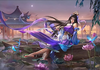Girl at the Lake, art, fantasy, , girl, oriental, woman, boat, blue, cat, lake, digital HD wallpaper