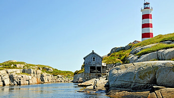 nice lighthouse on a rocky hill, sea, lighthouse, hut, rocks, coasr, hill HD wallpaper