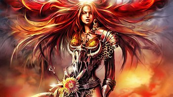 wild fire, redeyes, redhair, girl, armor, woman, longhair HD wallpaper