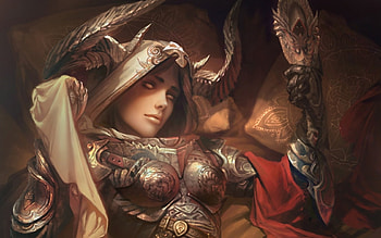Demon, wings, horns, art, girl, beauty, armor, woman, fantasy, red, game, luminos HD wallpaper