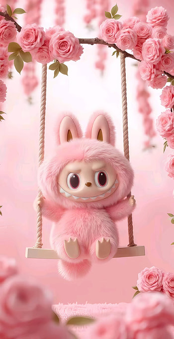 Labubu Pink Blossom Swing Cute Labubu Petal Swing Pink Labubu, Labubu, pink, cute HD phone wallpaper