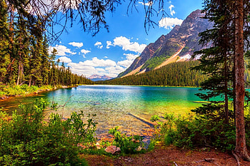 Boom Lake, Banff National Park, crystal clear water, Canada, beautiful, lake, summer, clouds, trees, mountains, forest HD wallpaper