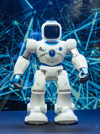 Futuristic humanoid robot against a blue network pattern backdrop, showcasing modern technology. HD phone wallpaper