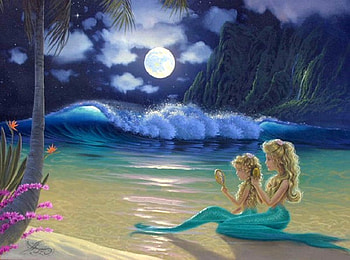 Moonlit Mermaids, blue, seaside, sea, oceans, beaches, attractions in dreams, paradise, paintings, mermaids, summer, love four seasons, moons HD wallpaper