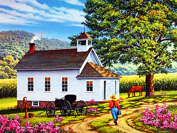 Just in time, painting, man, trees, flowers, church, spring, village HD wallpaper