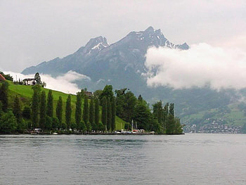 Mount Pilatus on Lake Lucerne, trees, sky, lake, mountain HD wallpaper