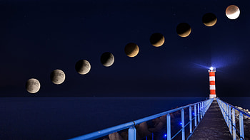 Nature, Night, Moon, Pier, Lighthouse, Eclipse HD wallpaper