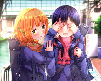 I got surprise for U, orange hair, purple hair, uniform, cute, school uniform, long hair, beauty, nice, short hair, female, sweet, close, bag, tamako market, girl, beautiful, tokiwa midori, kawaii, anime girl, anime, pretty, lovely, kitashirakawa tamako HD wallpaper