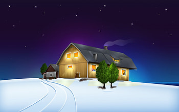 country star bright, winter, night, blue, snow, house, stars, tree HD wallpaper
