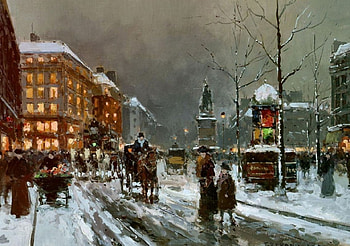 Place de Clichy in Winter, horse, architecture, Edouard Cortes, art, Place de Clichy, beautiful, cityscape, artwork, oldmaster, scenery, wide screen, painting, equine, old master, Cortes HD wallpaper