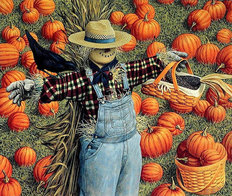 Scarecrow, painting, art, pumpkin, autumn HD wallpaper