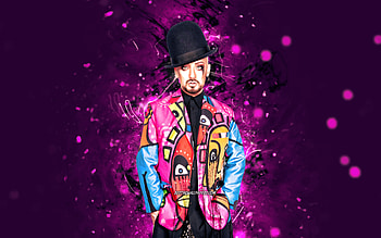 Boy George, , violet neon lights, british singer, music stars, british celebrity, George Alan ODowd, superstars, Boy George HD wallpaper
