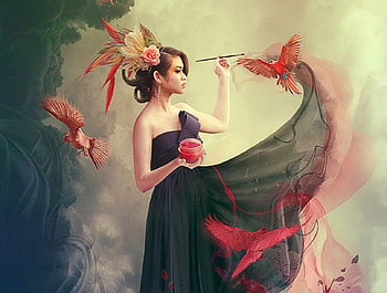 Her Paintings Come to life, black dress, birds, painting, woman HD wallpaper