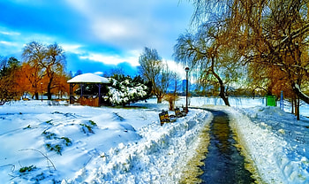 Deep Snow, path, landscape, gazebo, clouds, trees, sky HD wallpaper