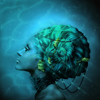 Sea woman, blue, sea, shell, fantasy, woman HD wallpaper
