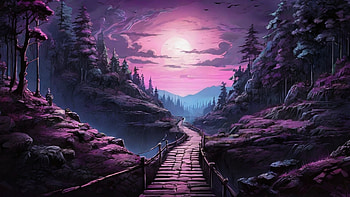 Night Sky, bridge, night, moon, forest, purple HD wallpaper
