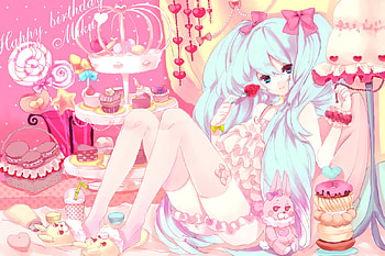 Vocaloid, cute, girl, cake, miku, pink, anime, hatsune, desert HD wallpaper