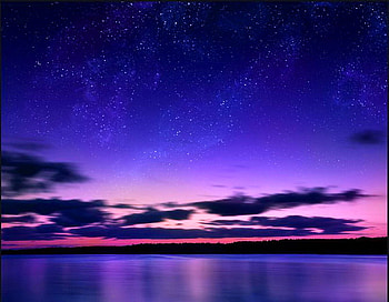 Starry starry night, night, blue, pink, reflection, clouds, sky, stars, water HD wallpaper