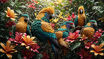 Colorful Birds, bird, colorful, flower, jungle, tree HD wallpaper