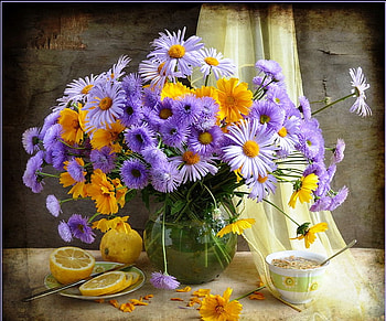 Still life, table, vase, arrangement, cup, purple, lemon, yellow, fruit, nature, flowers, saucer HD wallpaper