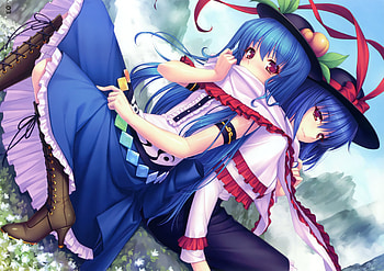 Touhou, sayori, cute, kawai, blue hair, dress, nagae iku, hinanawi tenshi, anime, girls, blush, scarf, boots, hat HD wallpaper