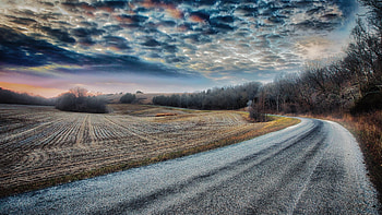 Farms along roadside, landscape, sunset HD wallpaper