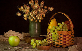 Fruits Still Life, basket, still life, fruits, grapes HD wallpaper