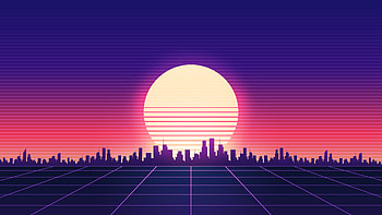 Retrowave city, sunsrise, grids, digital art HD wallpaper