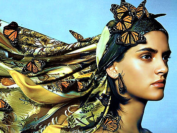 Scarf with butteflyes, butterfly, fantasy, face, scarf, woman HD wallpaper