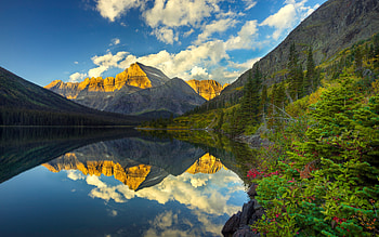 Reflection, colors, peaceful, spring, beauty, trees, mountains, water, landscape, beautiful, tree, lake, view, clouds, nature, sky, lovely, splendor HD wallpaper