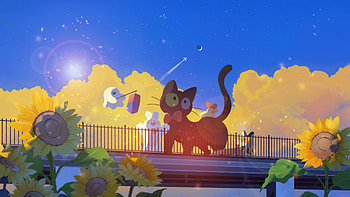 Cute Cat With Sunflowers And Butterflies, cat, sunflower, butterfly, artist, artwork, art, digital-art, pixiv HD wallpaper