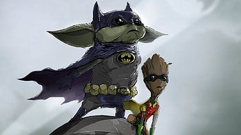 Baby Groot Yoda As Batman And Robin , baby-groot, baby-yoda, batman, robin, superheroes, artist, artwork, digital-art HD wallpaper