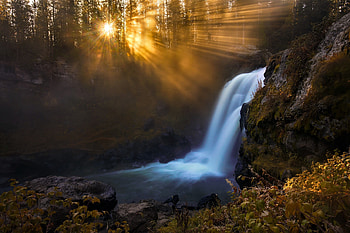 Waterfall In Forest Sunbeam Trees, waterfall, forest, sunbeam, trees, nature HD wallpaper
