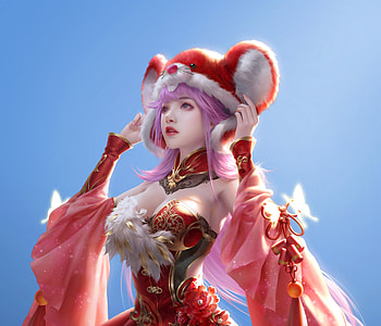Fantasy girl, mouse, cai dongyan, mask, red, gorgeous, blue, frumusete, superb, pink, fantasy, luminos HD wallpaper