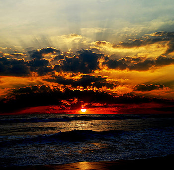 sunset, blue, clouds, orangem, sky, water, sun, ocean, preatty HD wallpaper
