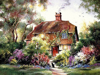 Marty Bell. Cat House, animal, kitten, marty bell, painting, art, flower, house, cat HD wallpaper