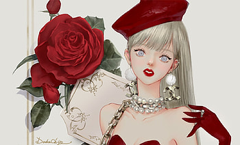 Christmas girl, glove, blonde, craciun, girl, jewel, rose, fantasy, flower, christmas, red, luminos, dadachyo, hat HD wallpaper
