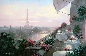 Parisian cafe, paintings, balcony, Senna, beauriful, artwork, eiffel tower, view, flowers, bridges, Paris, rivers HD wallpaper