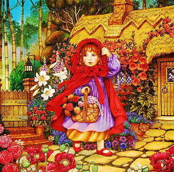 Red Riding Hood, artwork, fairytale, basket, painting, flowers, cottage, girl HD wallpaper