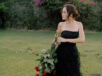Alexis Bledel, black delicate dress, red roses, nature, pretty girl, actress, female HD wallpaper