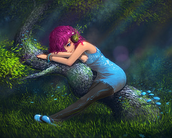 Forest elf, blue, pink, woods, fantasy, girl, luminos, elf, forest HD wallpaper