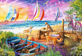 Sailboats View, sunset, boats, sea, painting, dogs, colors, sky HD wallpaper