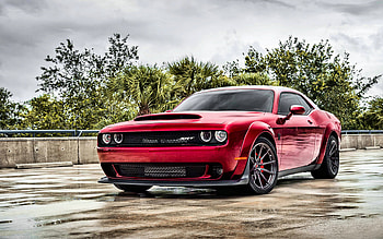 Dodge Challenger Demon, red coupe, Challenger Demon tuning, exterior, front view, American sports cars, Dodge HD wallpaper