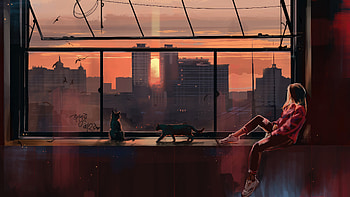 Watching Magical Sunset From The Window, alone, cat, sunset, artist, artwork, digital-art, artstation HD wallpaper