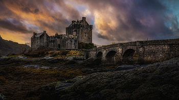 Scotland Bridge Castle Bushes Rocks Mountains Under Black White Clouds Blue Sky Nature HD wallpaper
