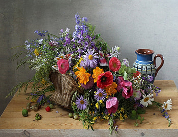 Play with colors, Jug, Bouquet, Colorful, Basket, Flowers HD wallpaper