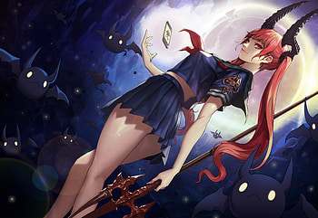 Demon girl, horns, girl, demon, anime, moon, fantasy, luna, redhead, luminos, cherrylich, manga HD wallpaper