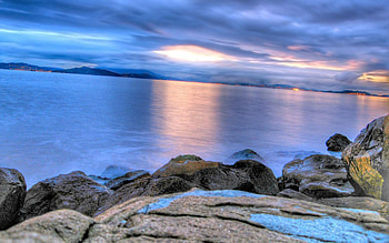 Magic colors, blue, magic, colors, rocks, clouds, nature, sky, water, sunset, ocean HD wallpaper