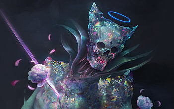 Promises, fantasy, art, flower, skull, madboni, mady madnoliet, death, blue, rose, pink HD wallpaper