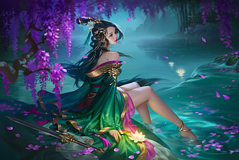 Beautiful Evening, art, , beautiful, girl, woman, digital, fantasy, flowers, water HD wallpaper